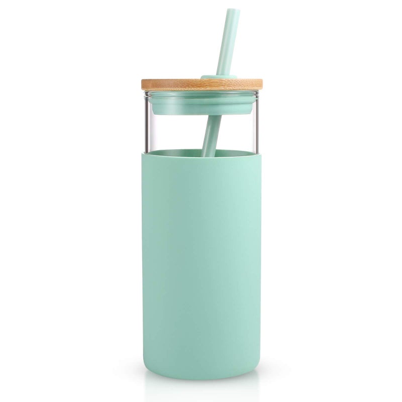 Tronco 20 oz Glass Tumbler with Lid and Straw, Iced Coffee Cup and Smoothie Cup with Bamboo Lids & Protective Silicone Sleeve, Dishwasher Safe, BPA-Free, Glass Cup 1 Pack - Image 1